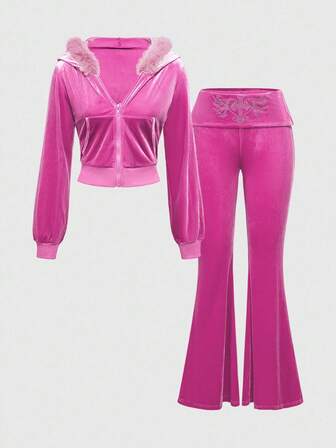 Grunge Punk Y2K Samt Crop Hoodie und Schlaghose mit tiefer Taille 2 Stücke Set für Frauen