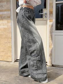 Rivivi 女式直筒宽松时尚百搭休闲低腰阔腿牛仔裤 - 灰色 - 查看 2