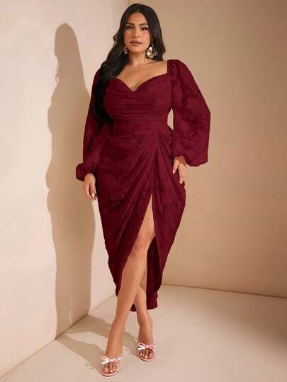 SHEIN BAE Plus Size Women's Elegant Party Date Sexy Glitter Sequins Draped Neck Ruched Asymmetrical Hem Slit Dress With Long Sleeve, Pink Dress/,Valentine's Day,Valentine Outfits For Women