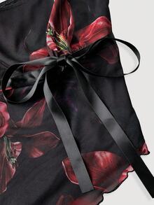 SHEIN MOD 女式花卉印花两件套：不对称下摆上衣和低腰鱼尾裙，带蝴蝶结装饰，复古 - 彩色 - 查看 3