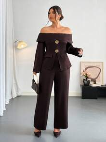 Firerie Conjunto de 2 peças, Top Casual Ombro à Mostra de Manga Longa e Calça, Plus Size - Café - Visão 3