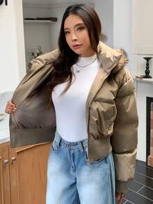 DAZY 女士休闲毛领连帽棉服外套，秋冬夹克 - 咖啡棕 - 查看 8