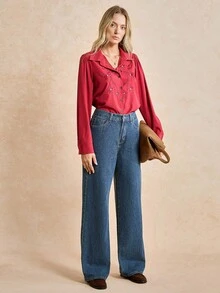 Écloséra Women's Pocketed Wide Leg Loose Casual Versatile Denim Pants Y2k - Dark Wash - View 5