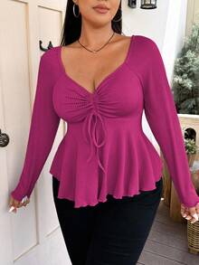 Vionelle قميص تي شيرت طويل الأكمام مخطط مزين بالراين على الياقة والأمام مع سحاب للربط، مقاس كبير الحجم