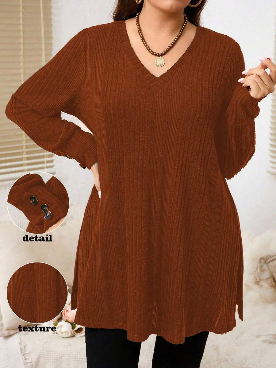 EMERY ROSE Plus Size Casual Solid Color Side Slit Long Sleeve T-Shirt, Autumn
