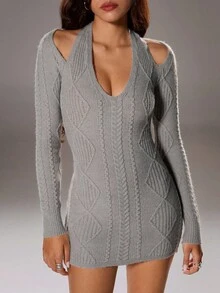 SHEIN TRNDY 1 件女士毛衣裙，灰色，独特 V 领绞花设计，镂空肩部，休闲，秋冬 - 淺灰色 - 查看 4