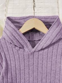 SHEIN Tween Girls' Knitted Ribbed Hooded T-shirt With Asymmetrical Hem And Tight Pants Two-piece Set - Purple - View 7