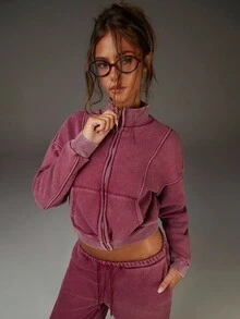 Athîral Women's Vintage Wash Magenta Ribbed Knit Jacket | Distressed Zip-Front Coat With Utility Stitching For Sporty Utility Style (Commute/Lounge/Street)Wardrobe Basic,Casual Everyday Wear,Autumn Outfits For Women,Women's Winter Jacket,Autumn/Winter,Cozy Fall And Winter Clothes For Women - Red - View 6