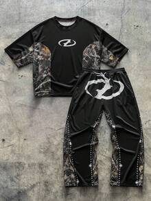 AXEPEAK 男士迷彩印花拼布T恤和裤子套装 - 彩色 - 查看 1
