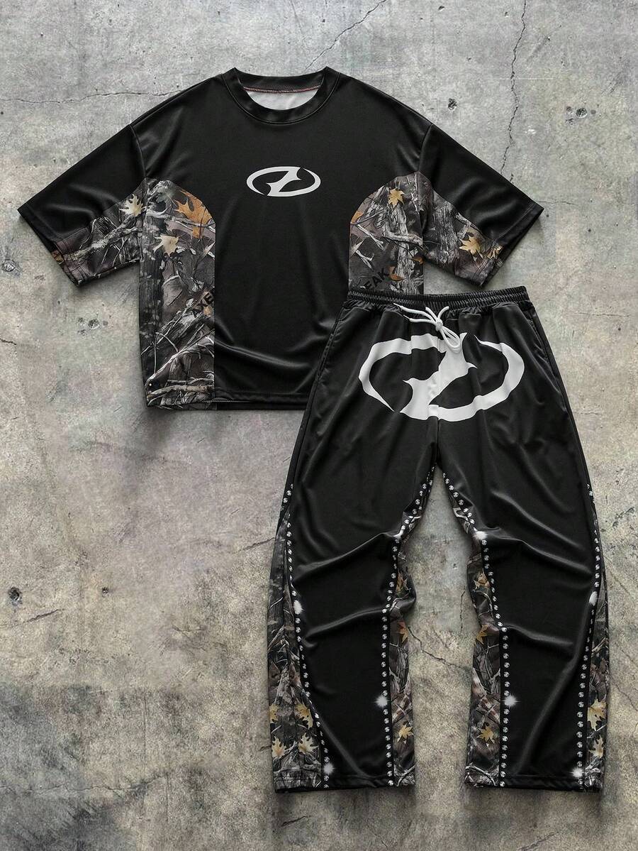 AXEPEAK 男士迷彩印花拼布T恤和裤子套装 - 彩色 - 查看 1