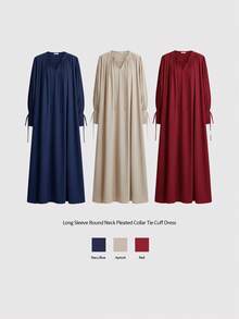 Ontre 2025 新款优雅开叉连衣裙，女士长袖圆领褶皱领口系带袖口连衣裙，A 字形喇叭下摆，缎面面料，杏色，宽松版型，休闲日常/商务通勤装