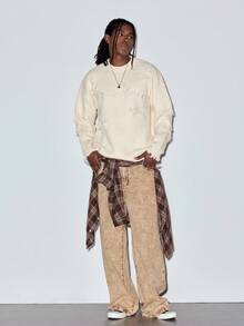 MODCRASH Unisex Casual Loose Fit Knitted Sweater With Letter, Star, Distressed And Tassel Details, Suitable For Spring, Autumn And Winter - Apricot - View 1