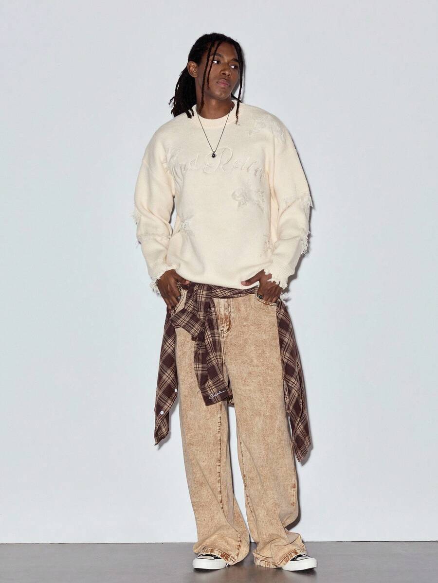 MODCRASH Unisex Casual Loose Fit Knitted Sweater With Letter, Star, Distressed And Tassel Details, Suitable For Spring, Autumn And Winter - Apricot - View 1