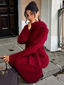 Firerie Women's Round Neck Flare Sleeve Top, Wide Leg Pants And Scarf 3 Pieces Set, Women's Minimalist Sweater Set, Red Sweater Set, Spring/Autumn/Winter Clothing, Commuting, Elegant, Casual Daily, Work Attire