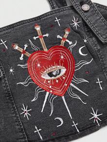 ROMWE Hippie Women's Summer Fashion Heart & Cross Embroidered Denim Blouse - Black - View 3