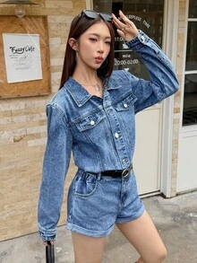 Rivivi Women's Casual Washed Denim Romper - Blue - View 7