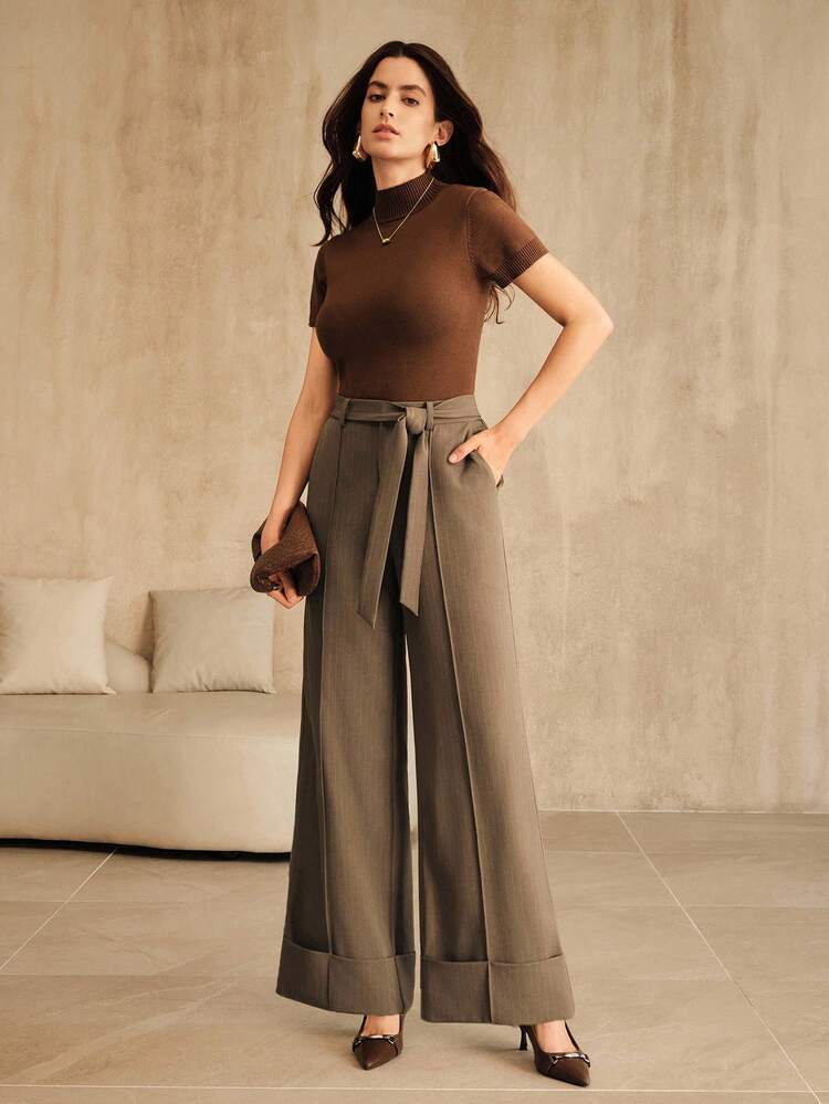 クリース入り折り返しヘム ベルト付き ストレートレッグ ミッドライズ パンツ、秋、冬、お出かけ、エレガント、フォーマル、パーティー、シック、新年、女性の冬服、クリスマス、仕事、卒業式、結婚式に適しています