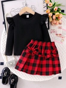 Girls' Christmas Plaid Cap Sleeve Ribbed Top & Pleated Bowknot Plaid Skirt 2-Piece Set, Comfortable Design, Spring/Autumn Fall Winter - Black - View 3