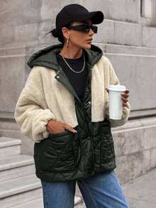 EURMUSE Patchwork Plush-Padded Jacket, Quilted Winter Coat With Hood, Two Pockets, Teddy Fabric, Warm And Fashionable - Army Green - View 6