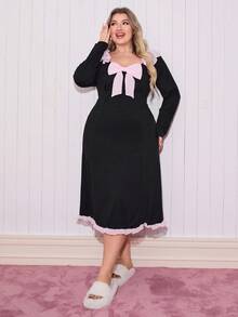 SweetSlumber 优雅网纱蝴蝶结荷叶边拼接露背系带长袖加大码睡裙睡衣连衣裙，冬季 - 黑色 - 查看 5