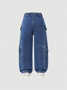 SHEIN 年轻女孩 Y2K 酷炫休闲破洞多口袋松紧腰 3D 口袋水洗蓝色牛仔裤