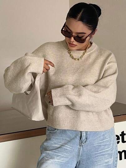 Dazy Plus Solid Color Round Neck Long Sleeve Cropped Fashionable Casual Pullover Sweater, Autumn/Winter
