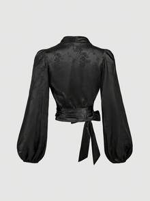 SHEIN MOD 女士黑色提花图案灯笼袖裹身领结衬衫 - 闪亮、休闲、派对、Y2K、复古 - 黑色 - 查看 2