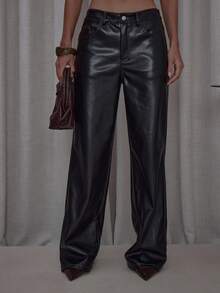 MUSERA 撞色缝线喇叭形仿皮裤 街头风 可爱 优雅 休闲 性感 外出 秋季 太妃糖色 圣诞节 冬季 派对 新年