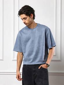 SUMWON 宽松廓形短款麂皮绒短袖T恤，柔软舒适，适合秋季日常穿着，街头风休闲简约都市设计，基础款纯色 - 藍色 - 查看 1