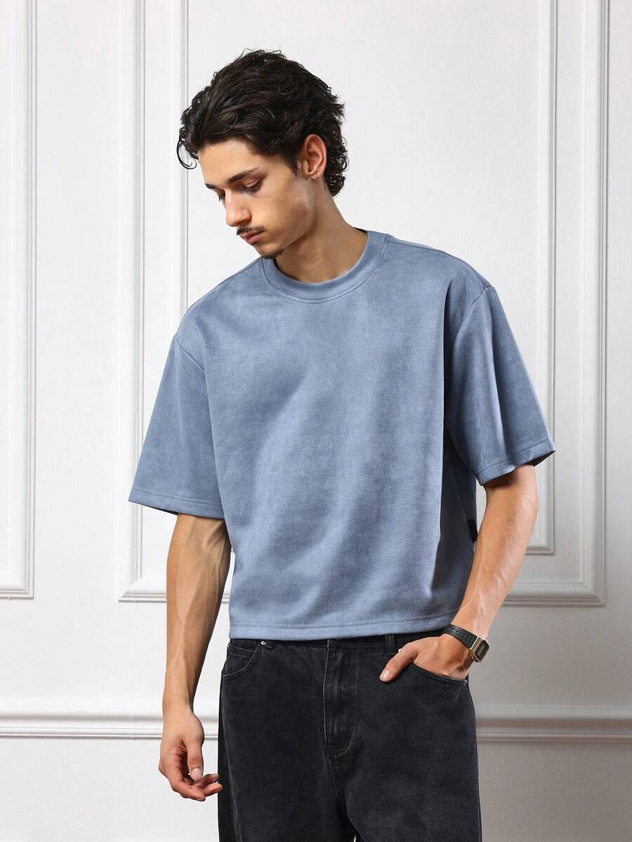 SUMWON 宽松廓形短款麂皮绒短袖T恤，柔软舒适，适合秋季日常穿着，街头风休闲简约都市设计，基础款纯色 - 藍色 - 查看 1