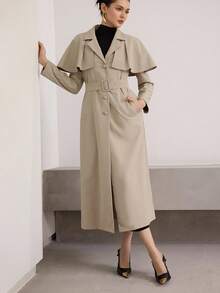 Heiryn Women's Solid Color Ruffle Trim Single-Breasted Long Casual Trench Coat, Autumn