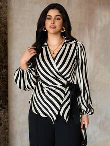 Roveilla Plus Size Elegant Commuter Striped Tie-Wrap Shirt Women Blouses Elegant Wrap Tops For Women Tie Front Blouse Stripe Top Striped Blouse - Black - View 6