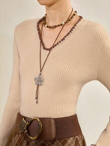 Chiquease Maglione aderente a maniche lunghe con scollo a V stile bohémien, autunno/inverno - Cachi - Visualizzare 7