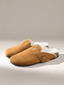 Solecia Women's Buckle Design Thermal Lined Casual Flat Mule Slippers - Camel - View 2