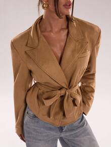 SHEIN BAE Women's Solid Color Lapel NeckLong Sleeve Belted Design Fashion Jacket, Autumn, Brown Jacket Women Women Fall Clothes,Suede Jacket
