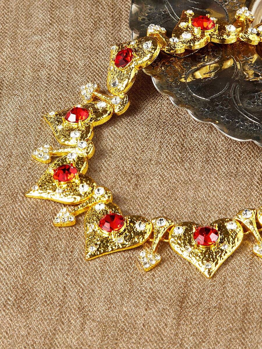 Glisma 18K镀金优雅复古方晶锆石心形吊坠项链 - 紅色 - 查看 1