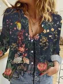 EMERY ROSE 花卉印花纽扣衬衫，春秋季休闲长袖翻领衬衫，女士服装 - 彩色 - 查看 1