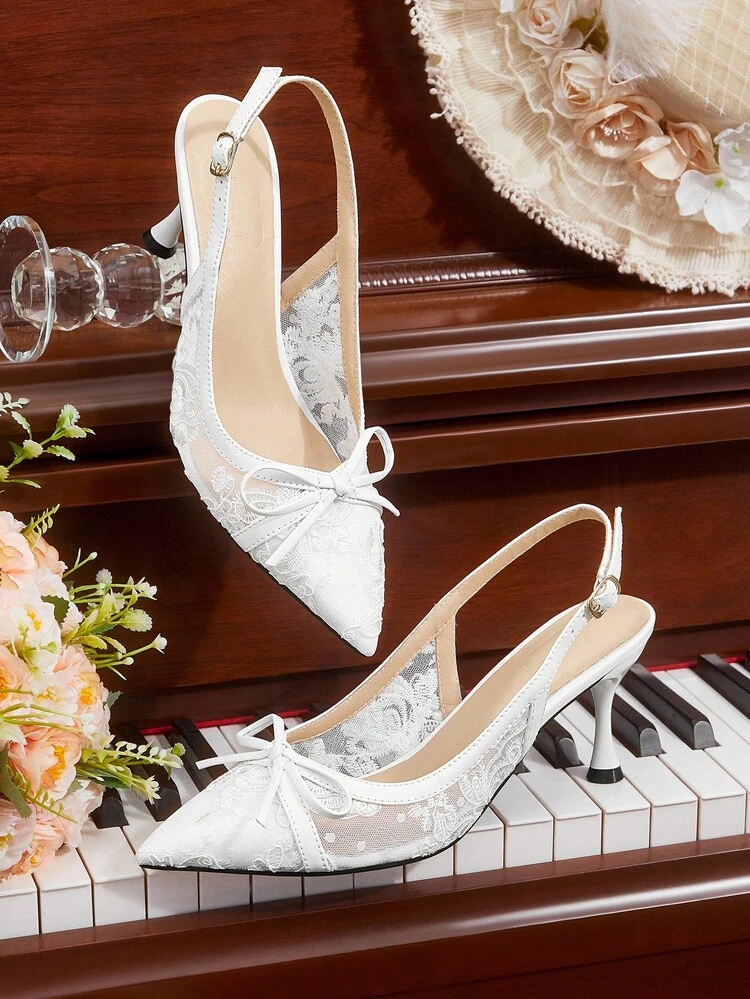 CUCCOO HITCHD 여성 플로럴 자수 레이스 크리스 크로스 보우 뾰족한 스틸레토 미드 힐 우아한 스위트 로맨틱 섹시 패션 화이트 메쉬 인조 가죽 하이힐 샌들, 신부, 신부 들러리, 정장, 결혼식 하객, 데이트, 추수 감사절, 크리스마스, 할로윈, 생일 파티, 발렌타인 데이에 적합