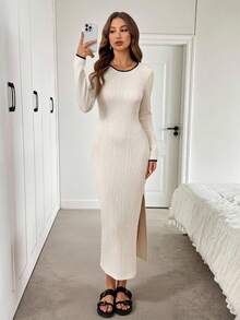 SHEIN LUNE Vestido midi de manga larga con cuello redondo, abertura alta en la cintura, ajustado, de tela texturizada de bloques de color, estilo casual, relajado y elegante para la oficina y el día a día, otoño/invierno - Albaricoque - Ver 4