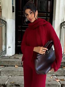 Firerie Women's Round Neck Flare Sleeve Top, Wide Leg Pants And Scarf 3 Pieces Set, Women's Minimalist Sweater Set, Red Sweater Set, Spring/Autumn/Winter Clothing, Commuting, Elegant, Casual Daily, Work Attire