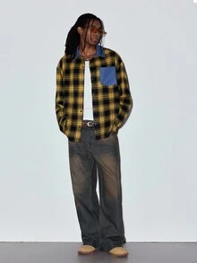 MODCRASH 1件中性休閒百搭復古水洗寬鬆闊腿牛仔褲 春夏款，美式復古，中性，寬鬆版型夏季穿搭－適合日常穿著與夏季度假穿搭。秋季/冬季 - 藍色 - 查看 9