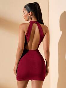 SHEIN BAE 杏色和卡其色简约优雅吊带无袖镂空后背性感紧身褶皱迷你连衣裙，适合鸡尾酒会、浪漫约会、秋冬季分层穿着、派对、正式活动、夜间外出、婚礼宾客礼服、万圣节、圣诞节 - 酒紅色 - 查看 4