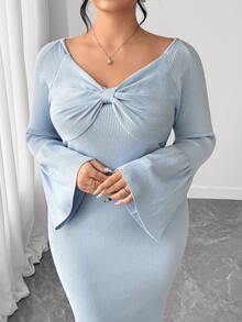 Elenzga Plus Size Women's Solid Color Bow Decor Raglan Flare Sleeve Fitted Elegant Knit Dress, Autumn - Blue - View 6