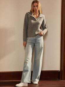 法式复古宽松Polo领长袖针织撞色边饰设计灰色女式套头衫，秋冬 - 灰色 - 查看 3