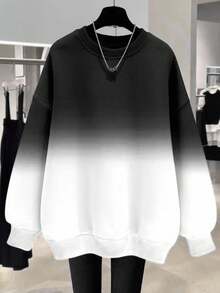 EMERY ROSE 流行渐变色常规版型女式加大码圆领运动衫 - 黑與白 - 查看 1