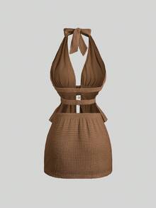 Sweetra Bộ váy bodycon hở lưng cổ chữ V gợi cảm, phong cách nghỉ dưỡng thường ngày, thời trang dành cho nữ - màu nâu - Xem 2