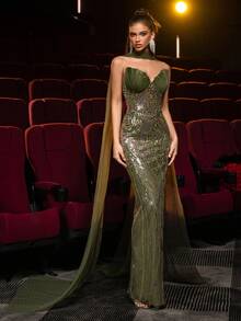 Glamrae Váy dạ hội trang trọng đuôi cá mỏng manh thêu sequin xanh đậm sang trọng, cổ áo vỏ sò satin - màu xanh lá - Xem 7