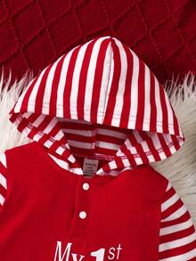 SHEIN Playful Pals Neugeborenen Baby Jungen Lässig Weihnachts-Weihnachtsmann & Rentier Buchstaben Muster Farbblock Langarm Kapuzen-Jumpsuit, geeignet für Weihnachten, Neugeborene, Feste, weiches & bequemes Material