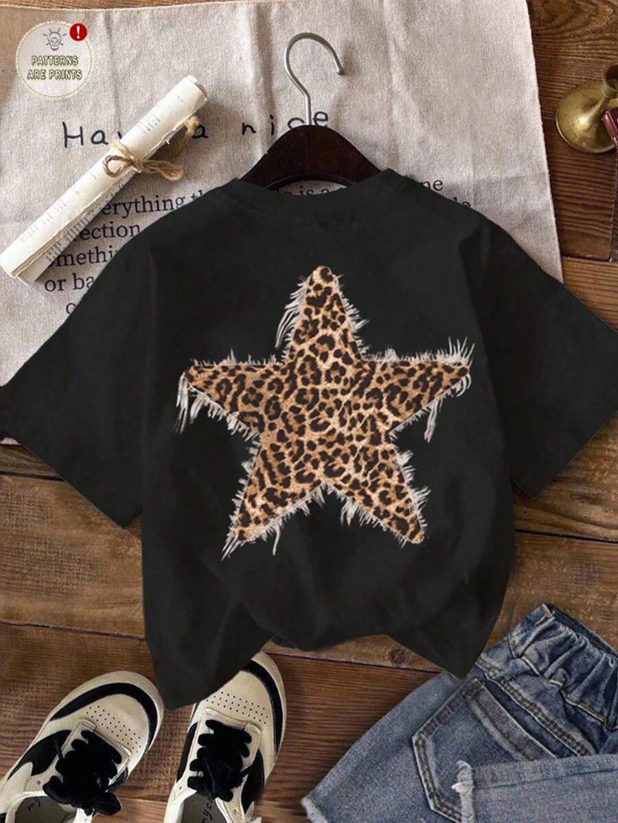 休闲简约复古美式豹纹星星图案超大 T 恤，街头潮流，个性化，时尚，黑色，适合夏季，可爱的 Y2K 椰子女孩，返校季，卡哇伊，哥特，少女服装，上衣，校服，上衣，少女服装，衬衫，趣味衬衫，衬衫，少女服装，少女衬衫 - 彩色 - 查看 1