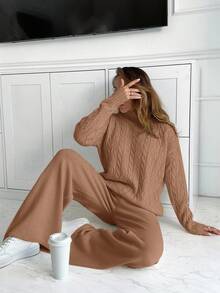 EURMUSE Women High Neck Sweater And Maxi Sweater Skirt 2 Two Pieces Set Co-Ords - Mocha Brown - View 3